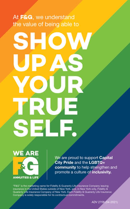 Capital City Pride advertisement with a rainbow-colored background